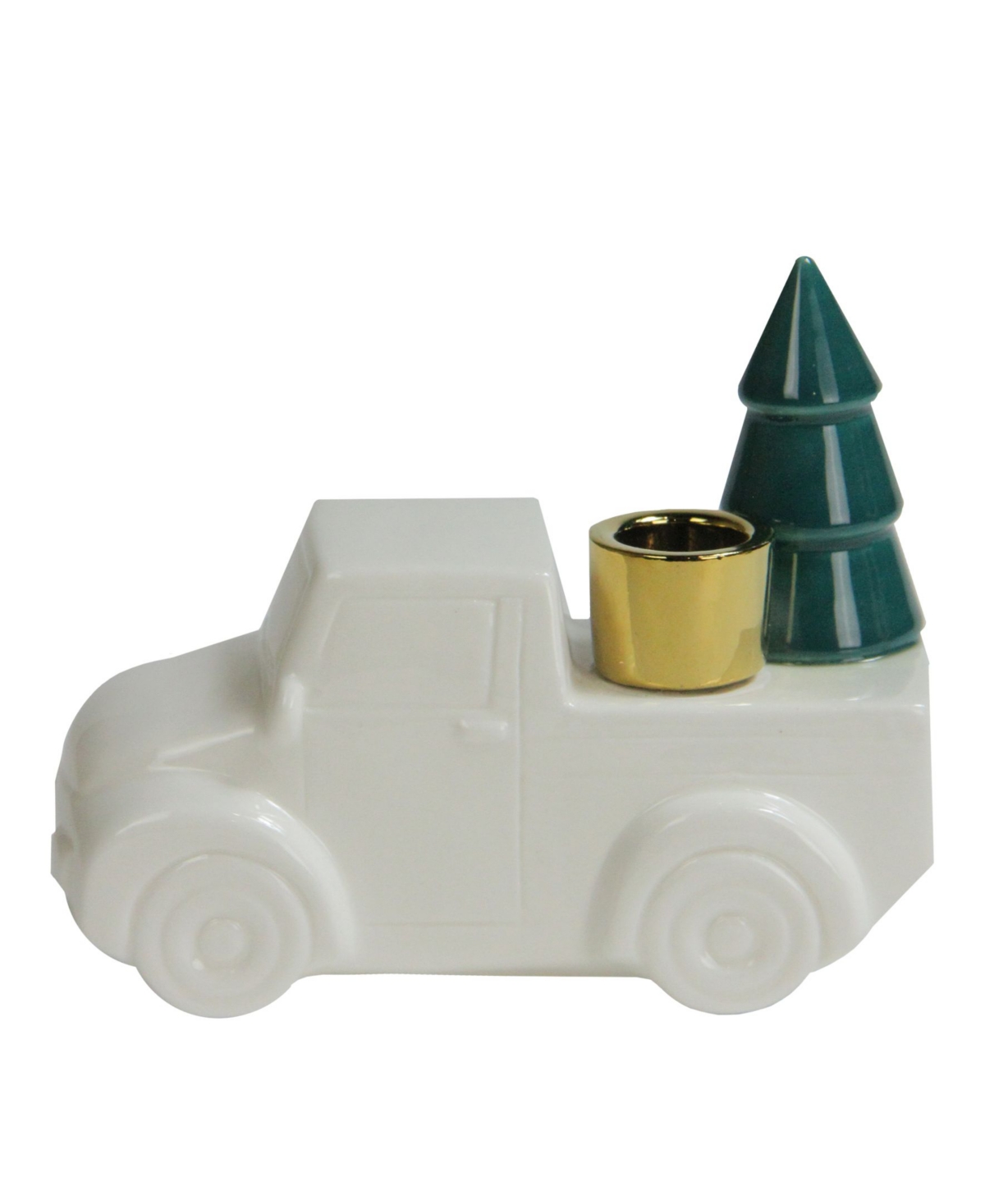 6 Ceramic Truck with Christmas Tree Taper Candlestick Holder - White