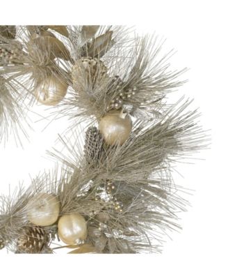 Unlit Champagne Gold Tone Pomegranate and Apple Pine Needle Christmas Wreath