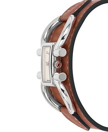 Salvatore Ferragamo - Women's Swiss Double Gancini Brown Calf Leather Cuff Strap Watch 13x23mm