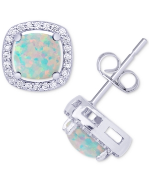 image of Simulated Opal & Cubic Zirconia Cushion Stud Earrings in Sterling Silver
