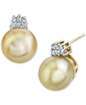 image of Cultured Golden South Sea Pearl (10mm) & Diamond (1/5 ct. t.w.) Stud Earrings in 14k Gold