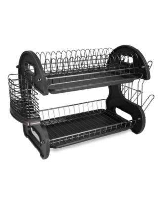 Home Basics - 2 Tier Plastic Dish Drainer, Black