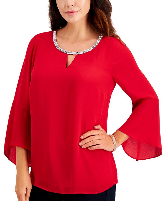 JM Collection Bell-Sleeve Rhinestone-Neck Top, Created for Macy's - Macy's