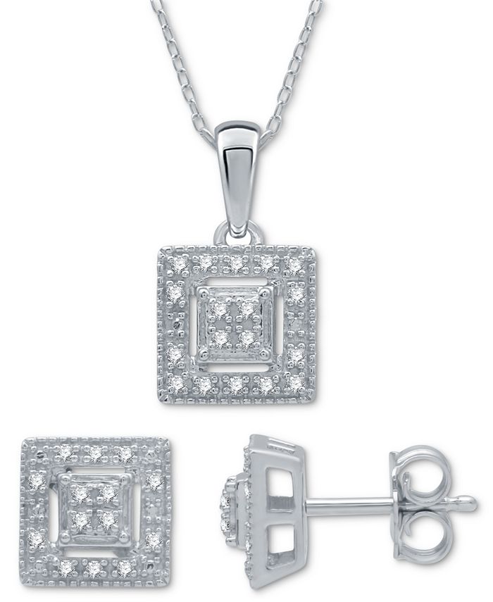Macy's - 2-Pc. Set Diamond (1/6 ct. t.w.) Square Cluster Pendant Necklace & Matching Stud Earrings in Sterling Silver