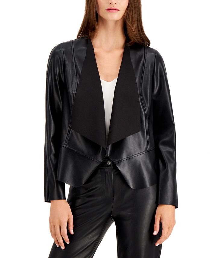 Anne Klein Plus Size Vegan Leather Drape-Front Jacket - Macy's