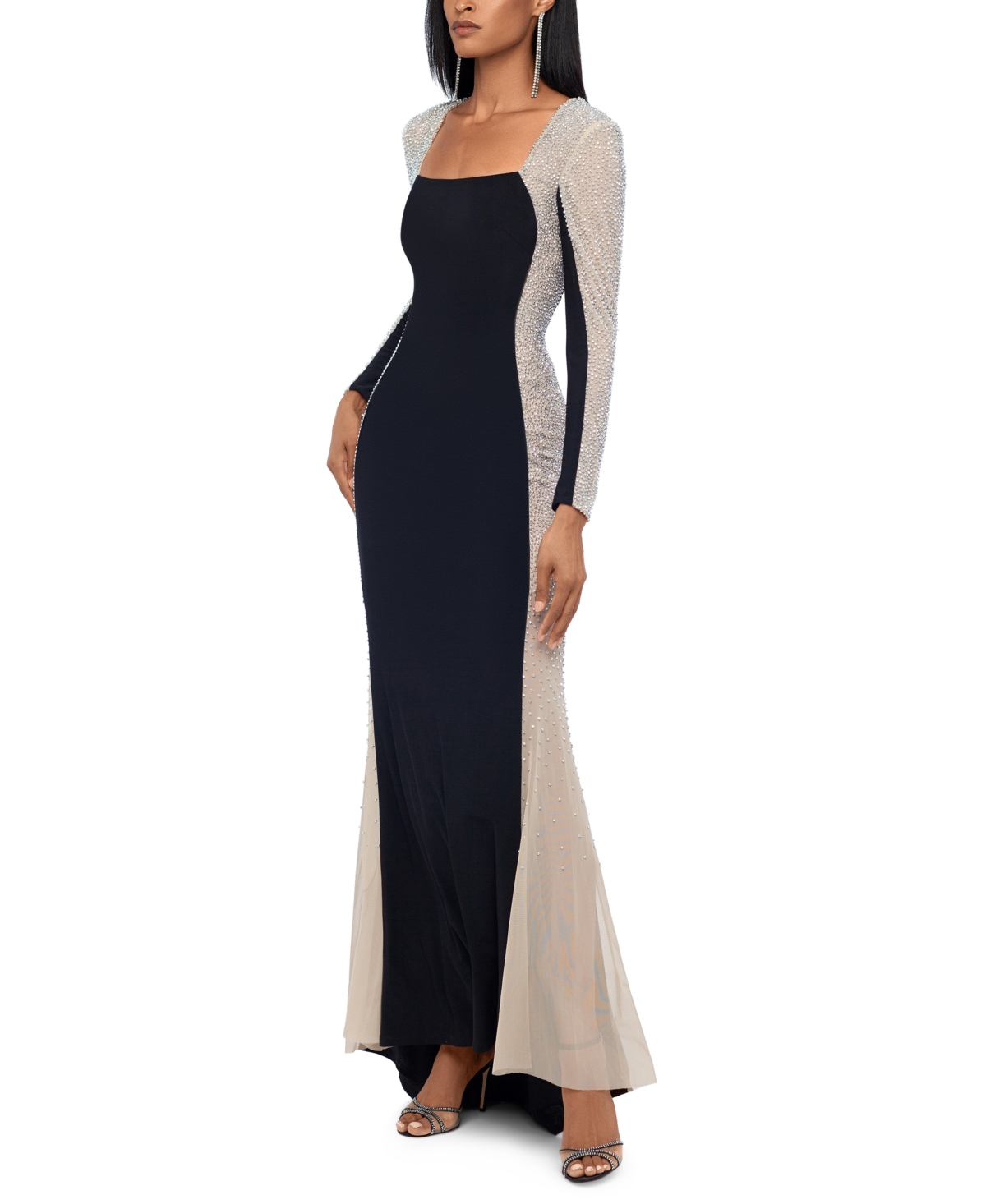 Shop Xscape Embellished Colorblocked Gown In Black,nude,silver
