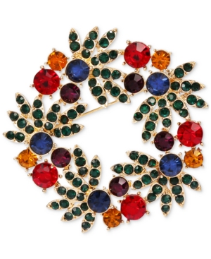 image of Charter Club Gold-Tone Multicolor Crystal Wreath Pin, Created for Macy-s