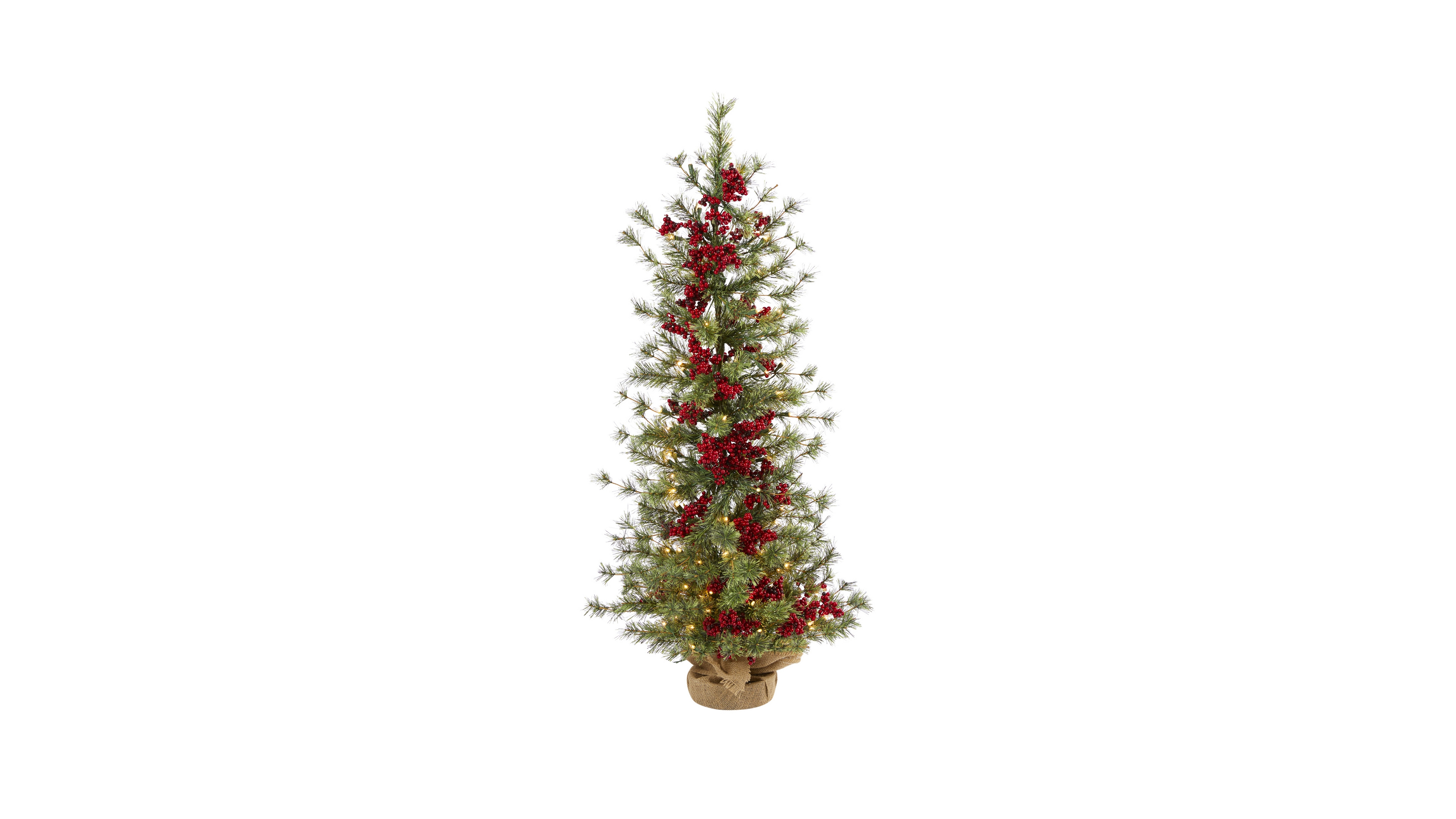 Nearly Natural Berry and Pine Artificial Christmas Tree with 100 Warm Lights and Burlap Wrapped Base