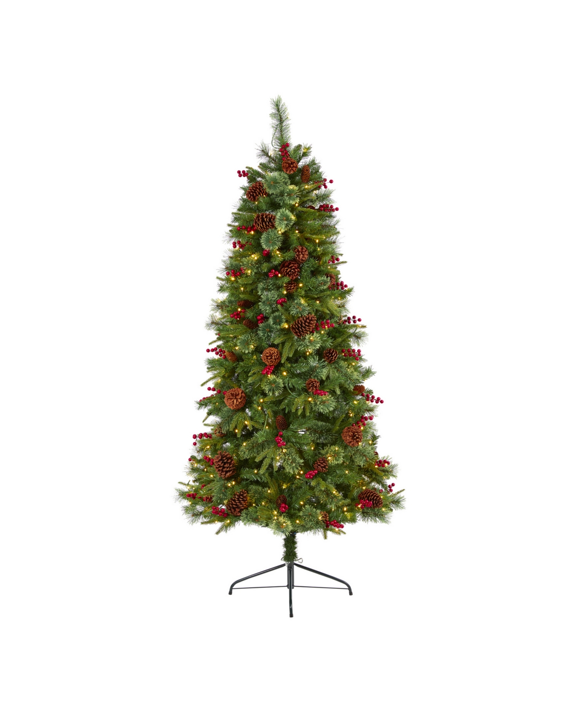 Nearly Natural Norway Mixed Pine Artificial Christmas Tree with 350 Clear Led Lights, Pine Cones and Berries