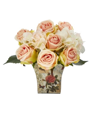 Nearly Natural Rose And Hydrangea Bouquet Artificial Arrangement In Floral Vase In Multi