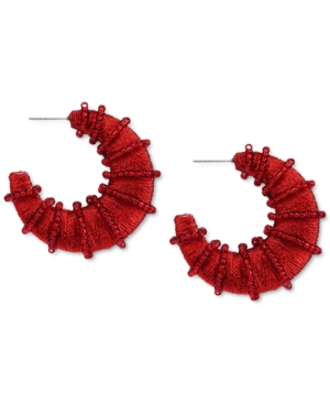 image of Inc Silver-Tone Medium Red Bead & Thread-Wrapped C-Hoop Earrings, 1.73