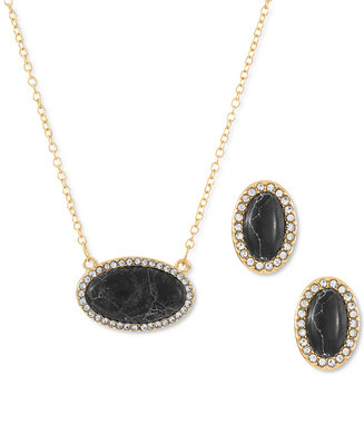 Alfani Pavé & Marbelized Stone Pendant Necklace & Stud Earrings Set ...