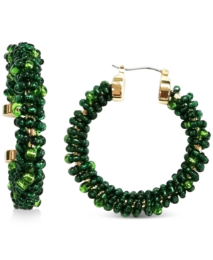 image of Inc Gold-Tone Medium Green Seed-Bead Hoop Earrings, 1.66