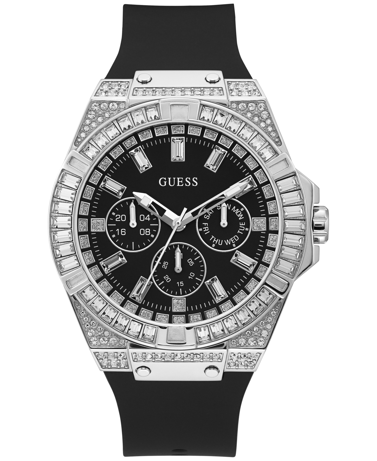 Image of Guess Men's Black Silicone Strap Watch 47mm