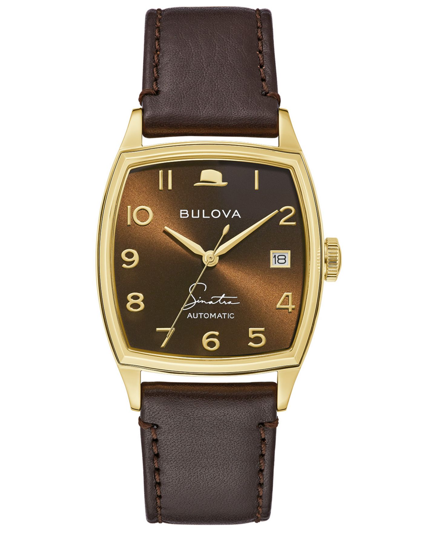 Мужские часы Bulova Frank Sinatra Automatic Brown Leather Strap Watch 33.5x45mm — фото 1