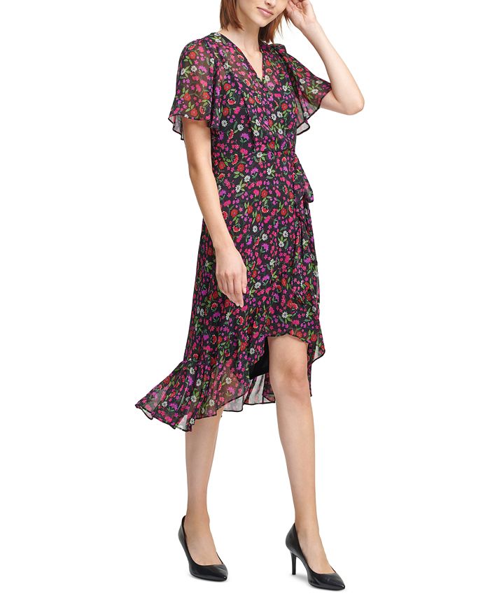 Calvin Klein Flutter-Sleeve Faux-Wrap Dress - Macy's