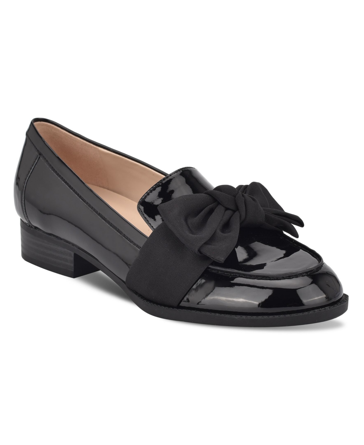 Women's Lindio Bow Detail Block Heel Slip On Loafers - Navy Patent - Faux Patent Leather, Texti