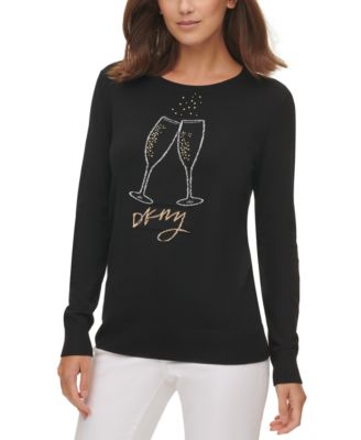 DKNY Embellished Champagne Glass Crewneck Sweater Macy s