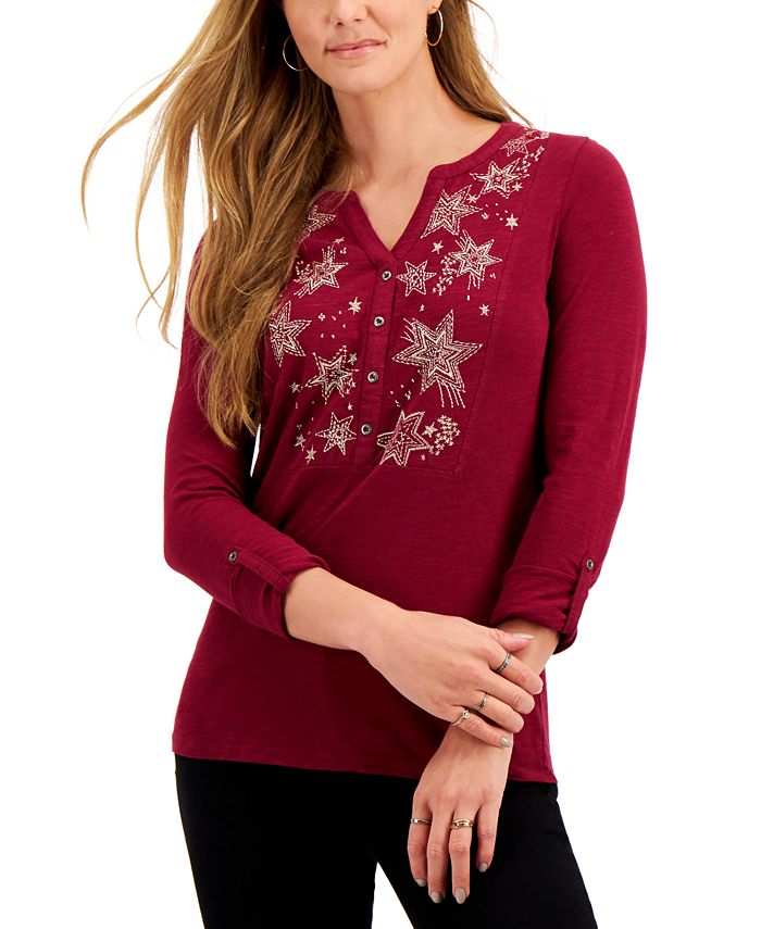 Style & Co Embroidered RollTab Sleeve Henley Top, Created for Macy's & Reviews Tops Women