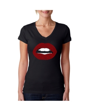 La Pop Art Women's V-Neck T-Shirt with Fabulous Lips Word Art