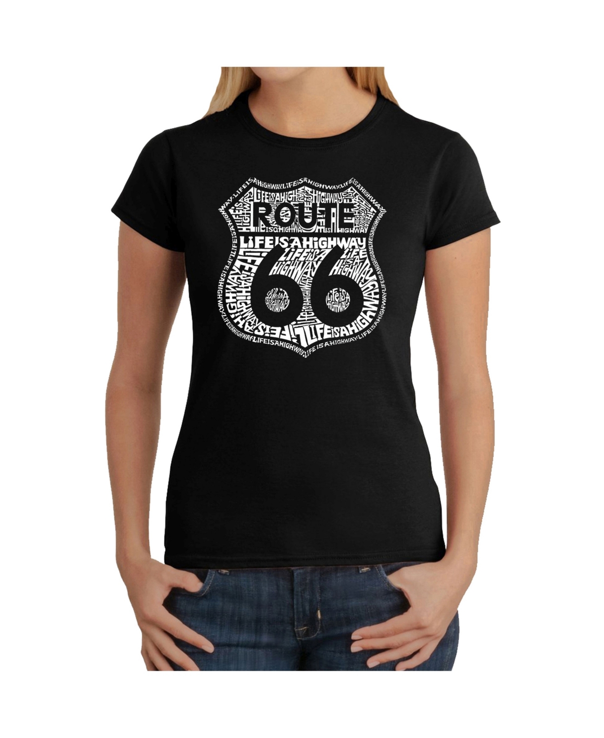 La Pop Art Women's T-Shirt with Route 66 Life Is A Highway Word Art