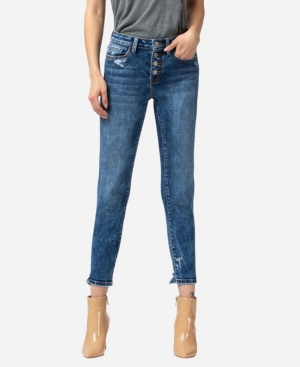 image of Vervet Women-s Mid Rise Button Up Distressed Hem Skinny Crop Jeans
