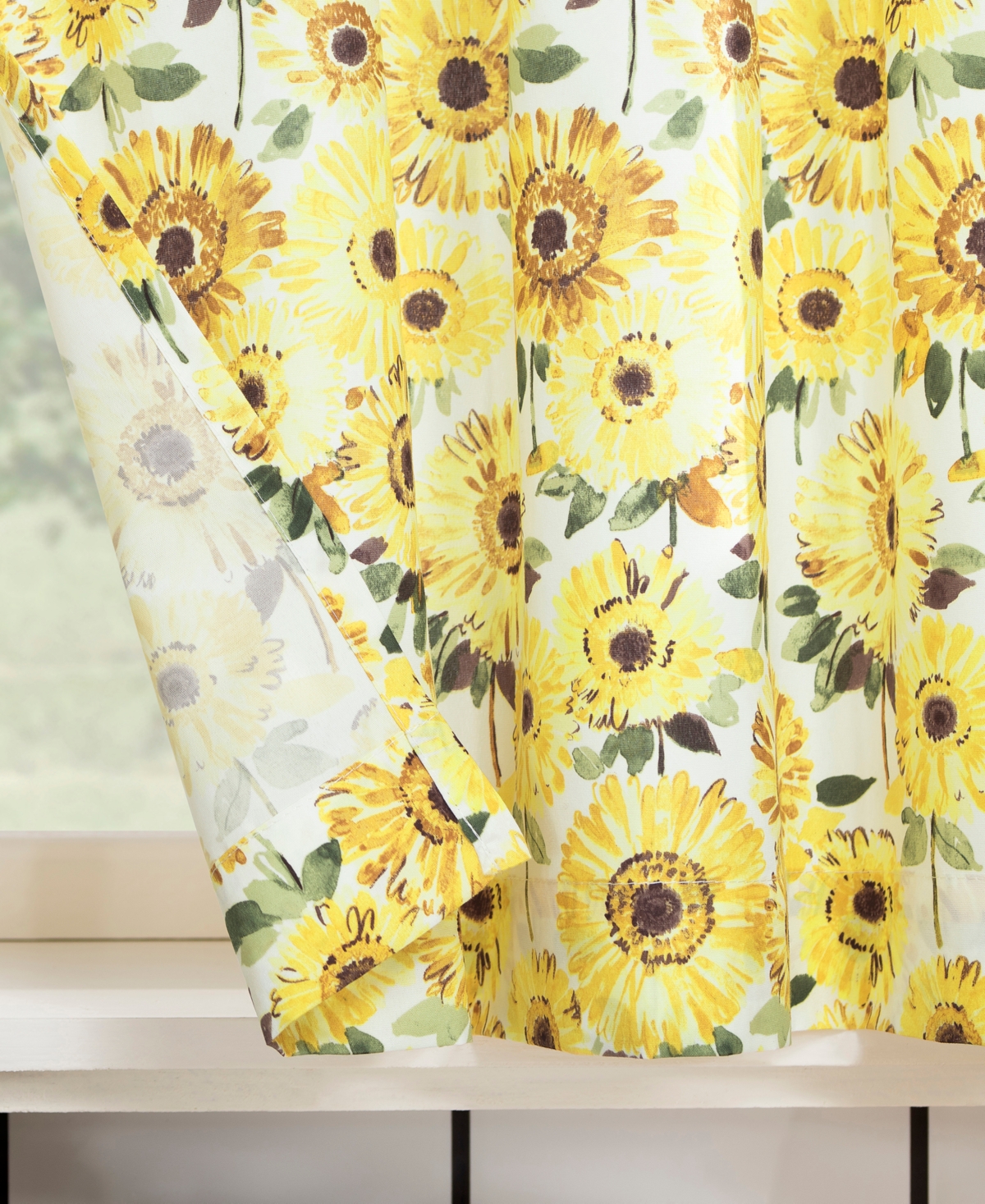 Sunny Sunflower Print Semi-Sheer Rod Pocket Kitchen Curtain Valance and Tiers Set