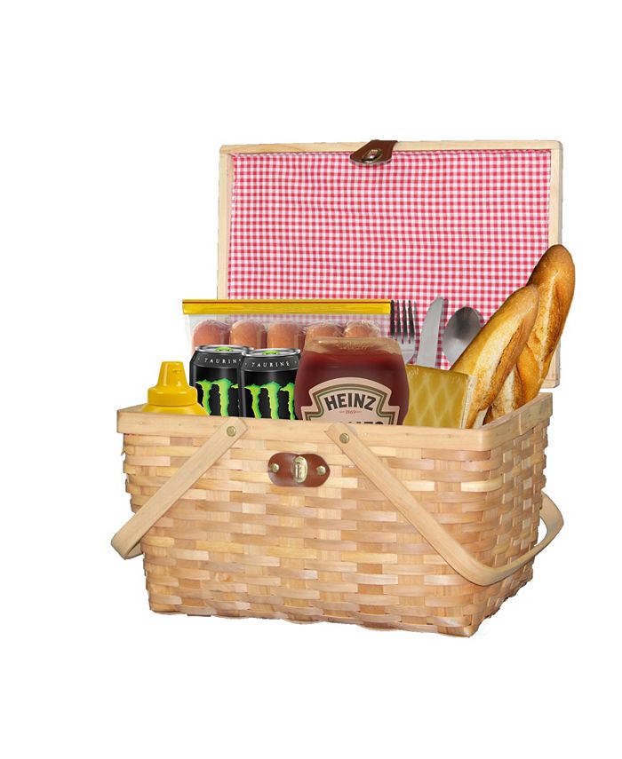 Vintiquewise - Gingham Lined Woodchip Picnic Basket With Lid and Movable Handles