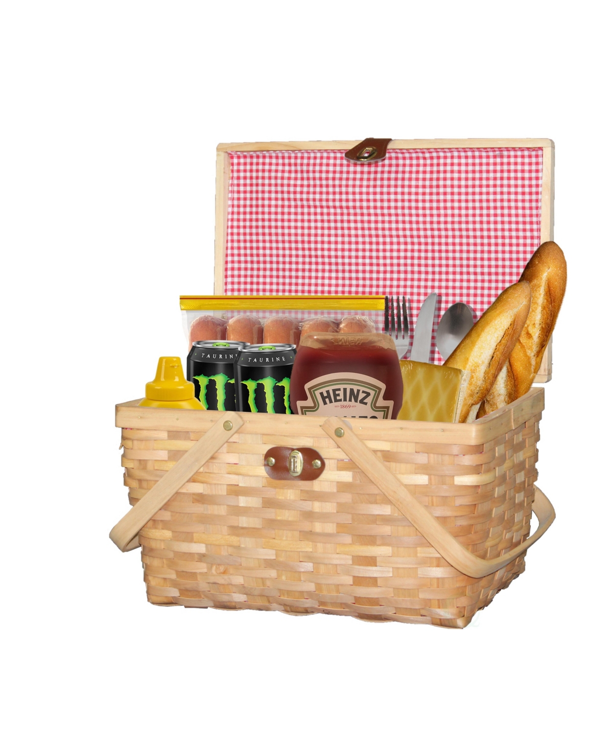 Gingham Lined Woodchip Picnic Basket With Lid and Movable Handles - Brown