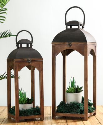 Glitzhome Set Of 2 Whiskey Brown Farmhouse Modern Wood/Metal Lanterns ...