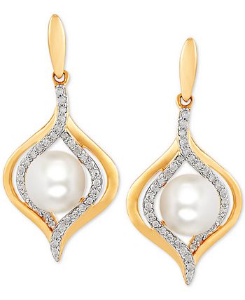Macy's - Cultured Freshwater Pearl (6-1/2mm) & Diamond (1/5 ct. t.w.) Drop Earrings in 14k Gold