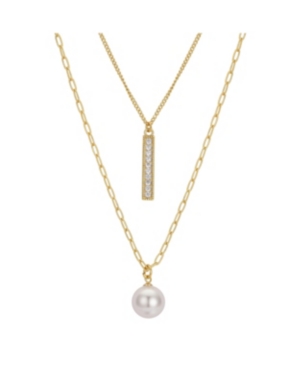 image of Gold Flash Plated Cubic Zirconia Bar and Freshwater Pearl Layer Necklace, 16