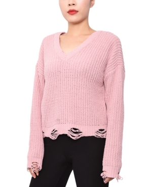 image of Planet Gold Juniors- Chenille Destructed Lace-Up Sweater