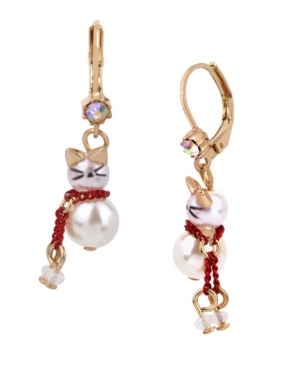image of Betsey Johnson Pearl Kitty Drop Earrings