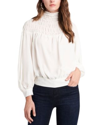 smocked mock neck blouse