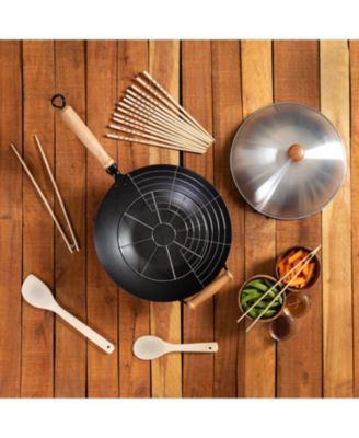 Professional Series 14" Carbon Steel Nonstick Wok Set with Lid and Maple Handles, 10 Pieces