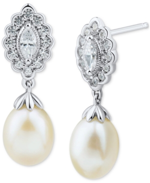 image of Arabella Cultured Freshwater Pearl (7-7.5mm) & Marquise Swarovski Zirconia Drop Earrings in Sterling Silver