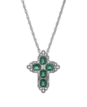 image of 2028 Women-s Pewter Rectangle Emerald Green Crystal Cross Chain Necklace