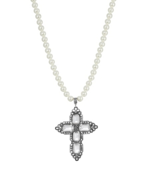 image of 2028 Women-s Pewter Rectangle Clear Crystal Cross Imitation Pearl Necklace