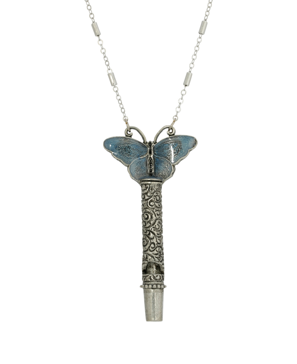 2028 Women's Pewter Whistle With Blue Enamel Butterfly Necklace