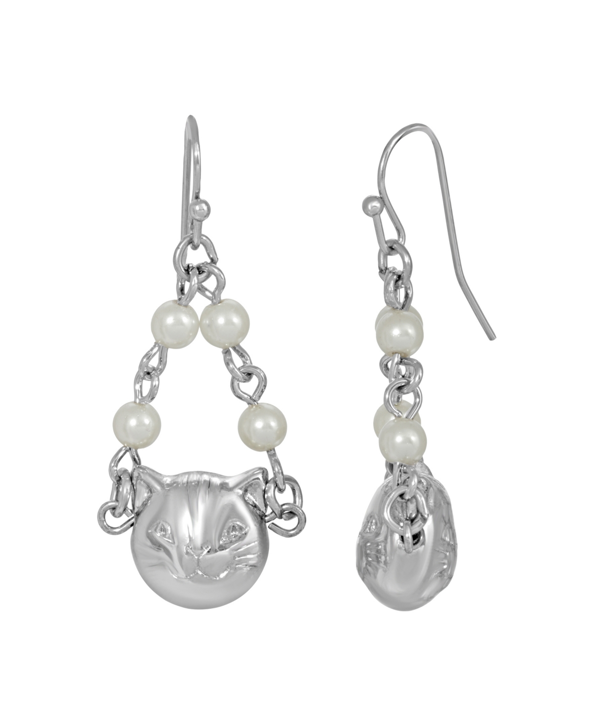 2028 Women's Silver Tone Cat Imitation Pearl Drop Earrings In White