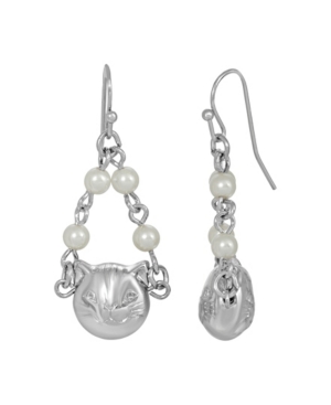 image of 2028 Women-s Silver Tone Cat Imitation Pearl Drop Earrings