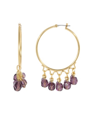 image of 2028 Women-s Gold Tone Purple Beaded Drop Hoop Earring
