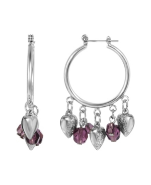 image of 2028 Women-s Silver Tone Hoop with Hearts and Purple Beads Drop Earring