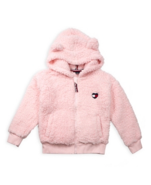 image of Toddler Girl Fuzzy Zip Up Hoodie with Heart Flag Patch and Ears