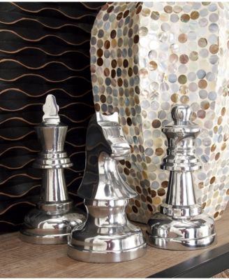 by Cosmopolitan Set of 3 Silver Aluminum Traditional Chess Sculpture, 4" x 9"