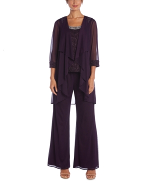 R & M Richards Petite 3-Pc Jacket Embellished Top & Pants Set