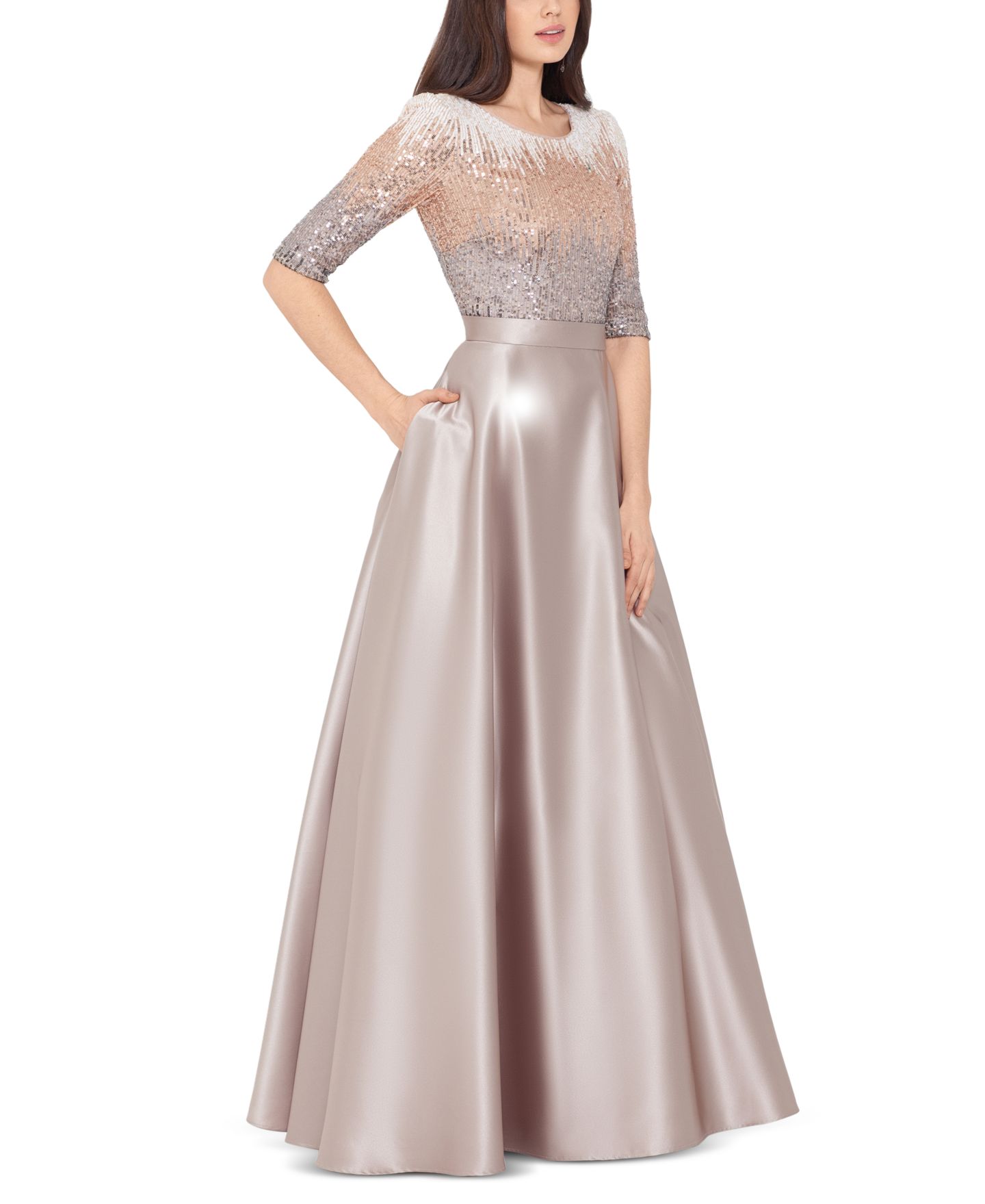 Женское платье Betsy & Adam Embellished Satin Gown, цвет: Мокко — фото 3