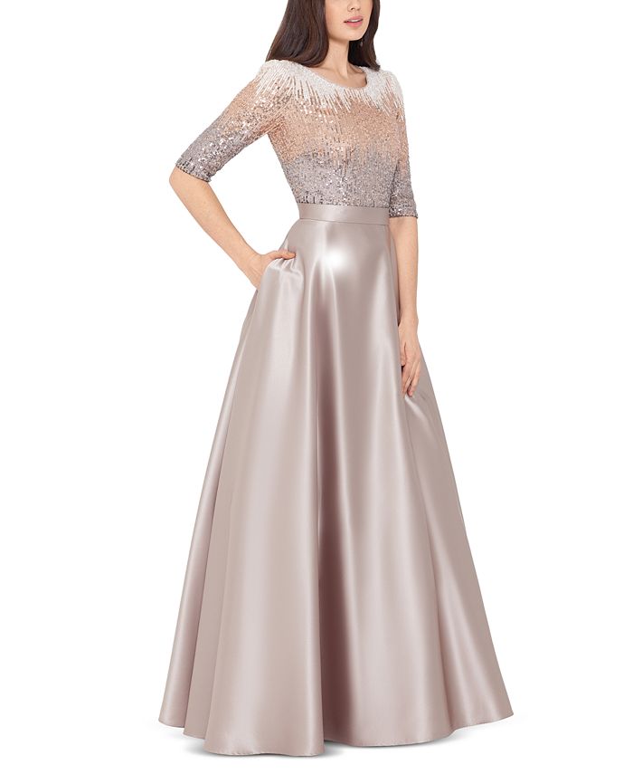 Betsy and adam high clearance neck satin ball gown