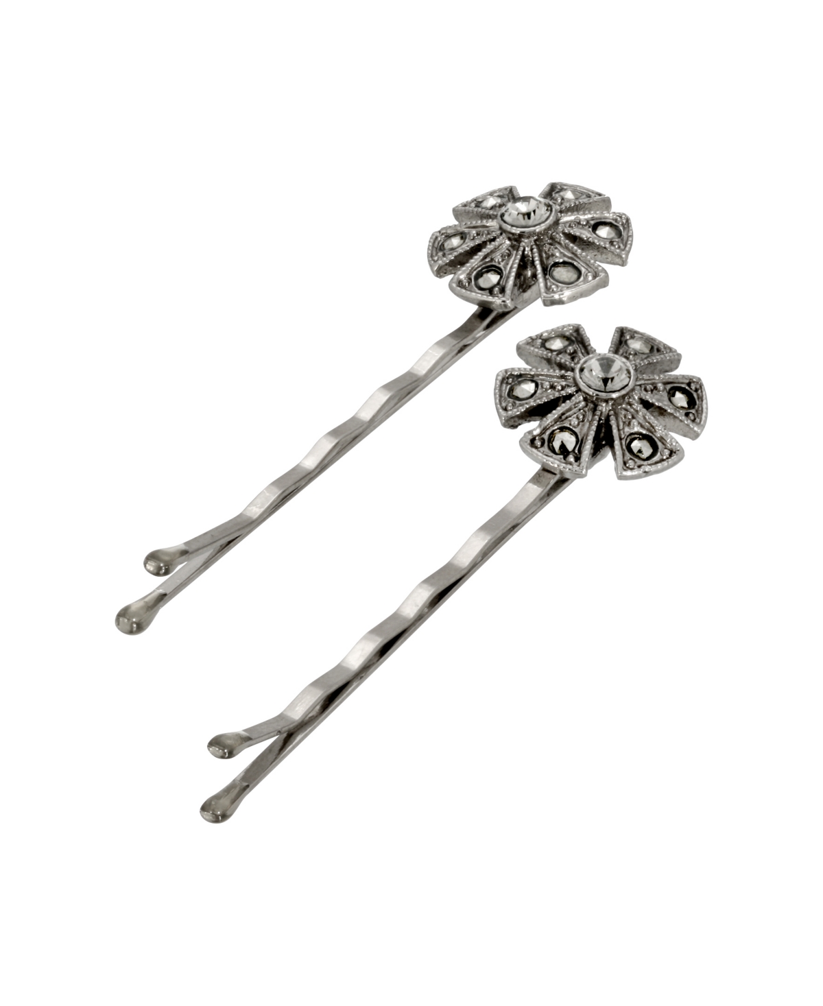 2028 Women's Silver-tone Imitation Marcasite Floral Bobby Pins Set, 2 Piece In Dark Gray